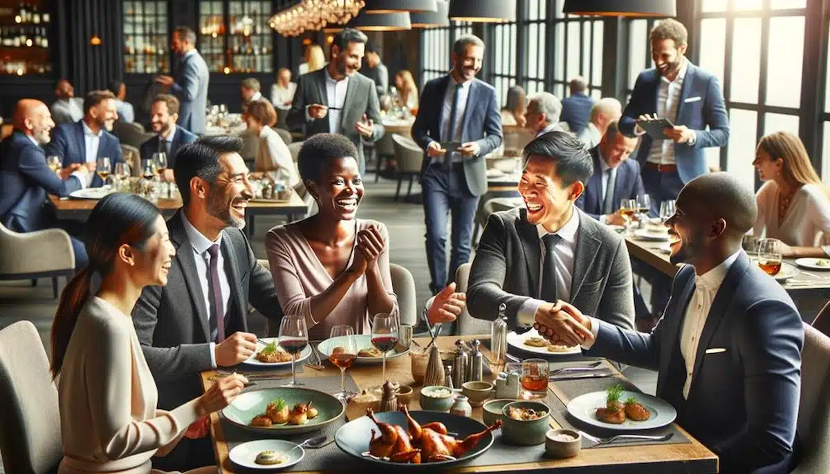 Three men and two women networking over lunch at a restaurant