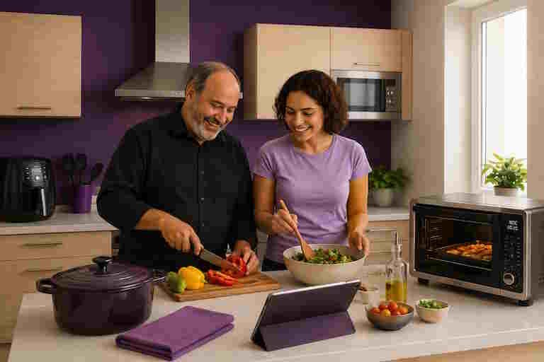 A man and woman prepare a healthy meal together in a bright modern kitchen, using an air fryer, countertop oven, tablet, and fresh vegetables.