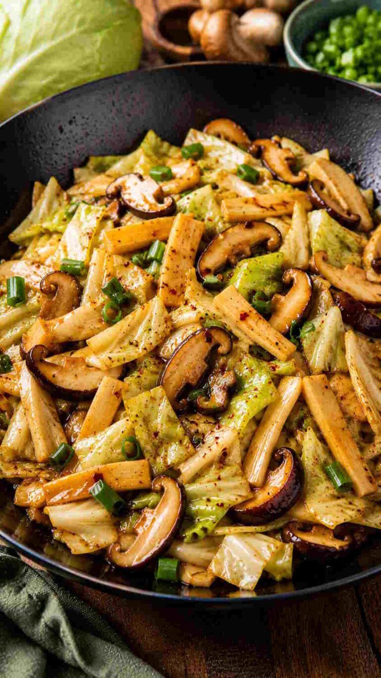 Stir-fried Mu Shu vegetables with mushrooms and noodles.