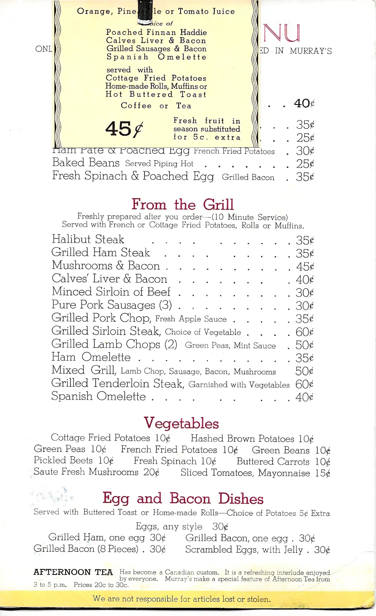 The first page of the menu from Murray's Restaurants from the 1950s