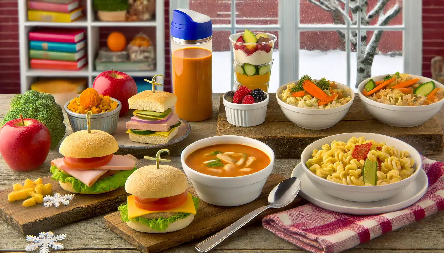 stylized image that captures the warm and comforting vibe of a winter school lunch spread,