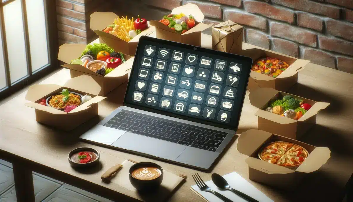 Ordering Lunch From Delivery Services When Working from Home pictured here is a laptop surrounded by various take out food in open packaging