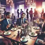 Photo-realistic image of a professional power lunch meeting. The scene includes people in business attire engaged in lively conversation
