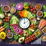 Power Lunch Strategies image-featuring-an-array-of-healthy-delicious-meals-beautifully-arranged-on-a-dark-purple-background