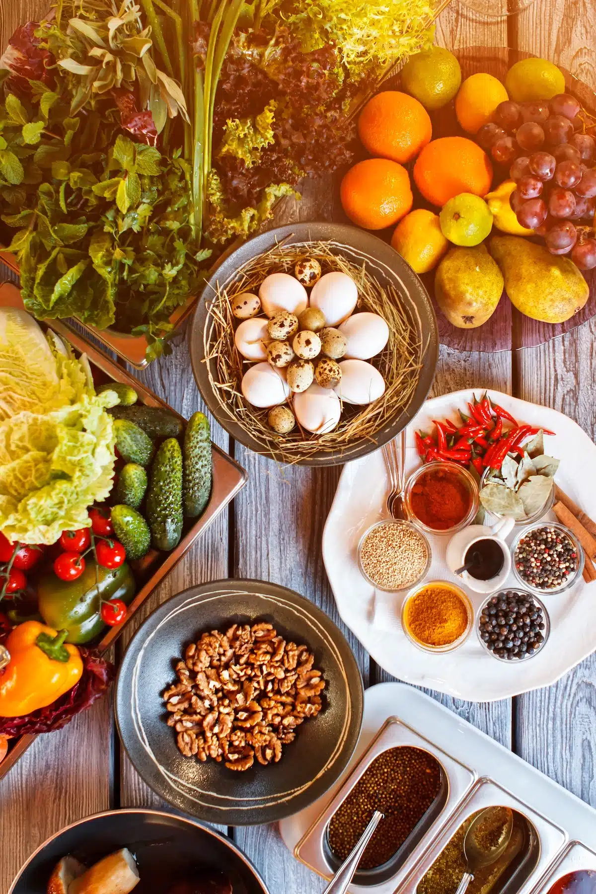 Religious Dietary Restrictions Cucumbers beside bowl of walnuts and a Plate with spices and fruits