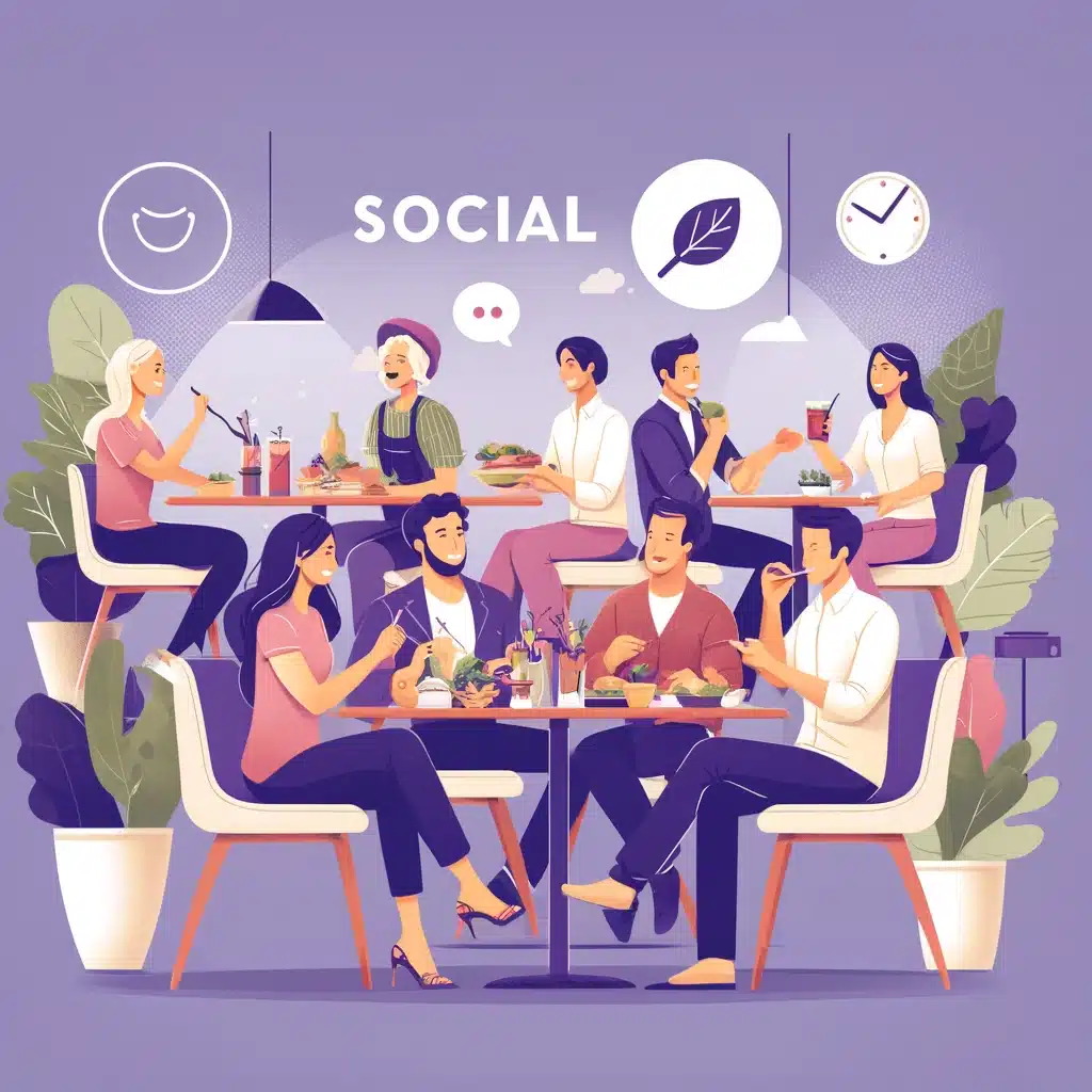 A-square-image-with-a-purple-background-featuring-a-social-lunch-scene.-The-setting-includes-a-group-of-people-in-a-casual-yet-stylish-restauran