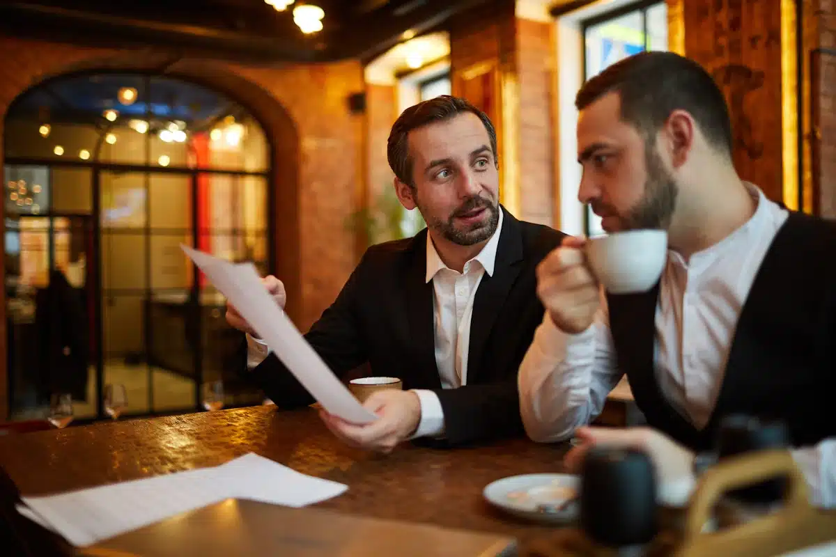 Two former male colleagues enjoying lunch together in the restaurant while discussing splitting the bill