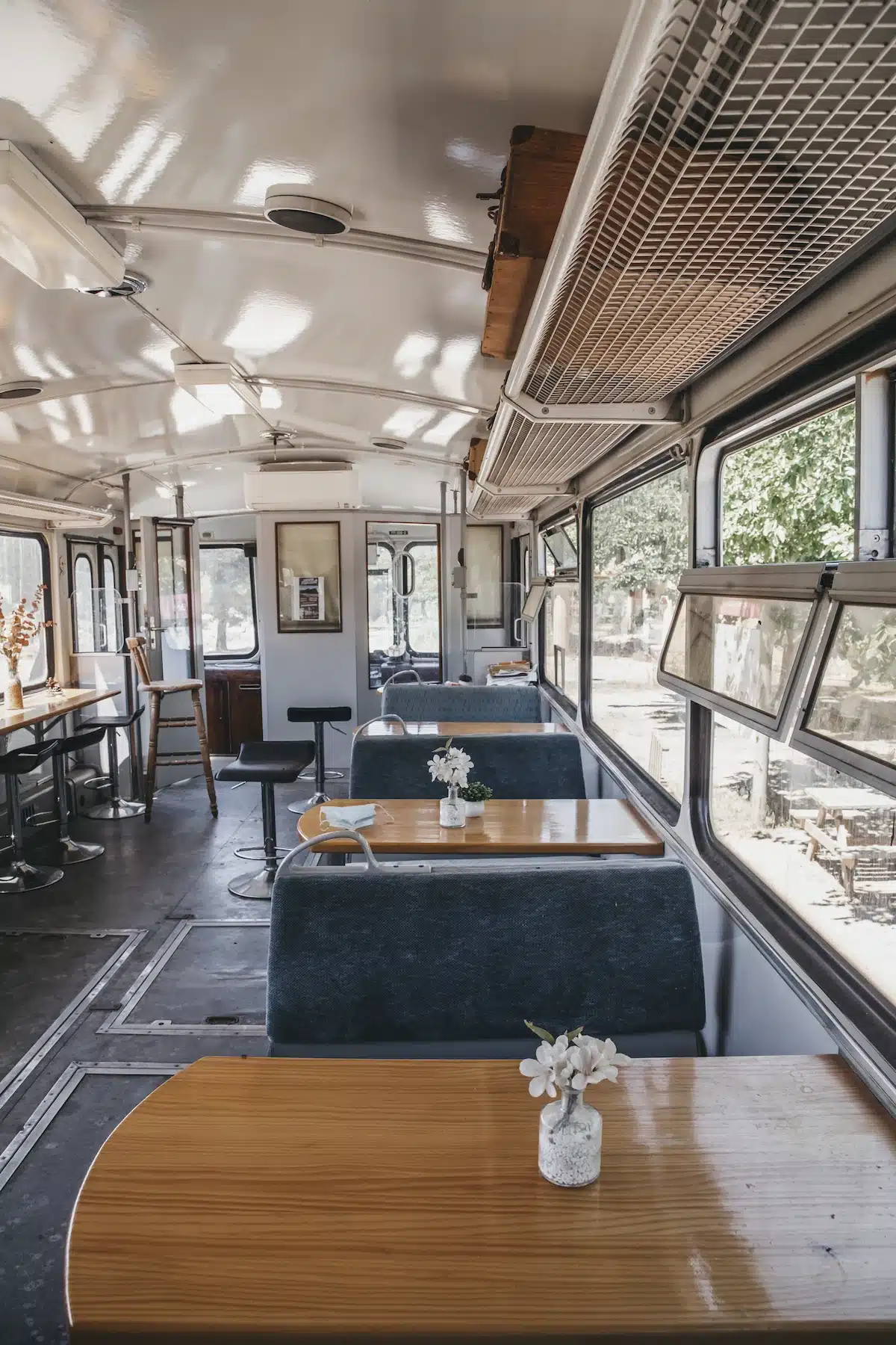 The interior of a train-car diner.