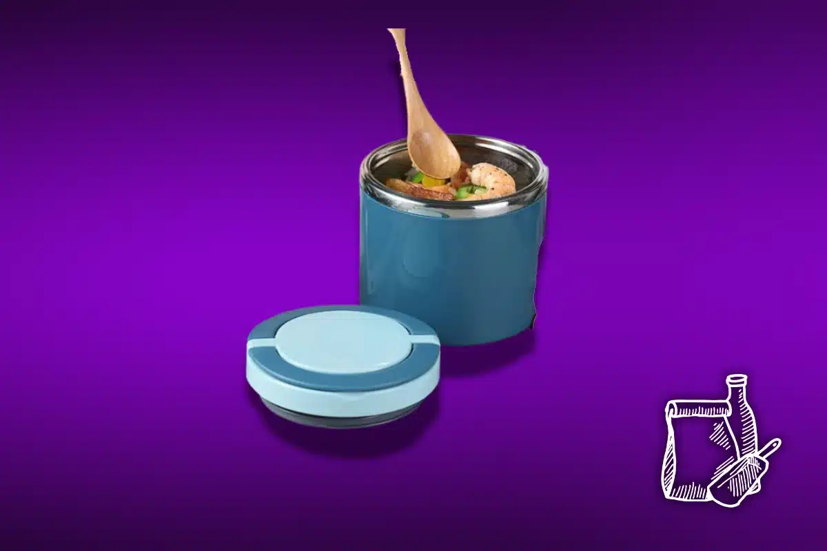 A hot meal with shrimp in a thermos