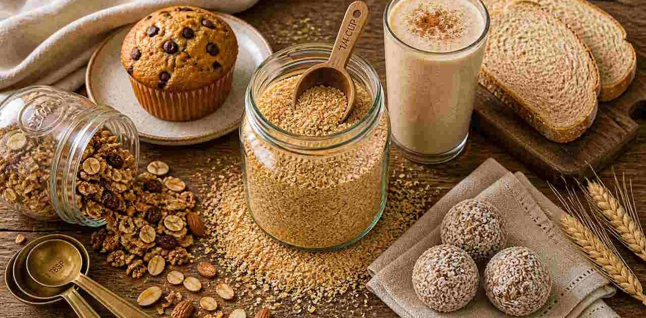 Wheat germ and baked goods arrangement.