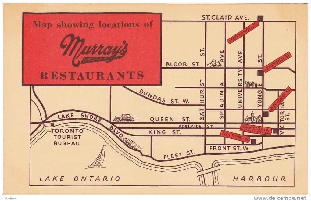 Postcard containing a map of locations of Murray's restaurants in Toronto 