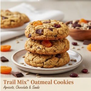 A stack of three Trail Mix Oatmeal Cookies on a plate