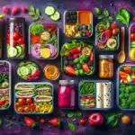 Vibrant Work Lunches You Can Pack In The Morning with a dark purple background featuring a variety of fresh and colorful lunch options that can be packed in the morning with-a-dark-purple-background-featuring-a-variety-of-fresh-and-colorful-lunch-options-that-can-be-packed-in-the-morning.