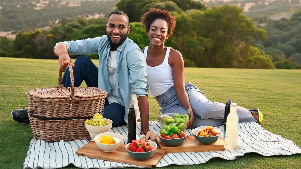 A man and a woman with a picnic basket and various fruits in bowls on a blanket on the grass with hills in the background