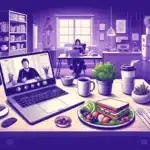 What’s in the Teleworking Lunch Section - A 16_9 image with a purple background featuring a teleworking lunch scene. The image includes a home office setup with a laptop displaying a video call