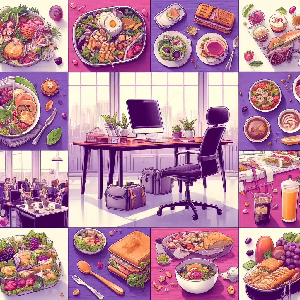 A-square-image-with-a-purple-background-featuring-a-diverse-array-of-lunch-settings-and-food-options.-The-scene-includes-a-mix-of-a-home-office