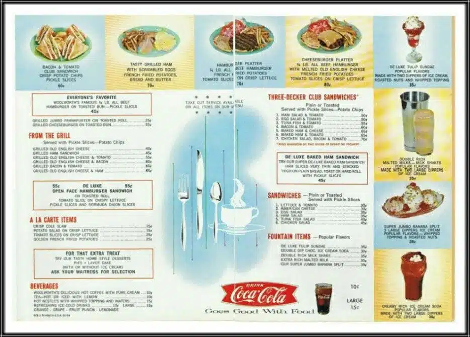 The Woolworth's lunch counter menu in the United States in the 1960's.