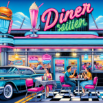 An illustration of a classic roadside diner in America, showcasing its iconic architecture and inviting atmosphere.