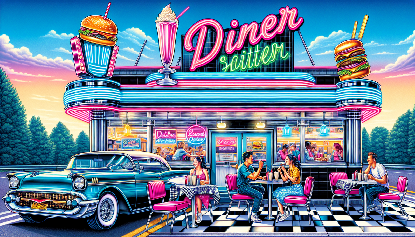 An illustration of a classic roadside diner in America, showcasing its iconic architecture and inviting atmosphere.