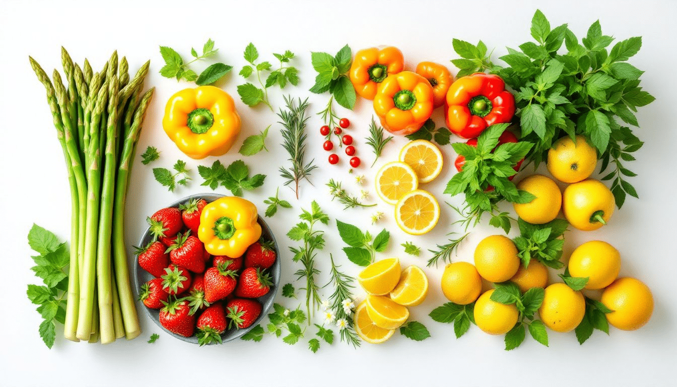 A vibrant display of fresh spring produce, showcasing vegetables ideal for healthy spring recipes for weight loss.