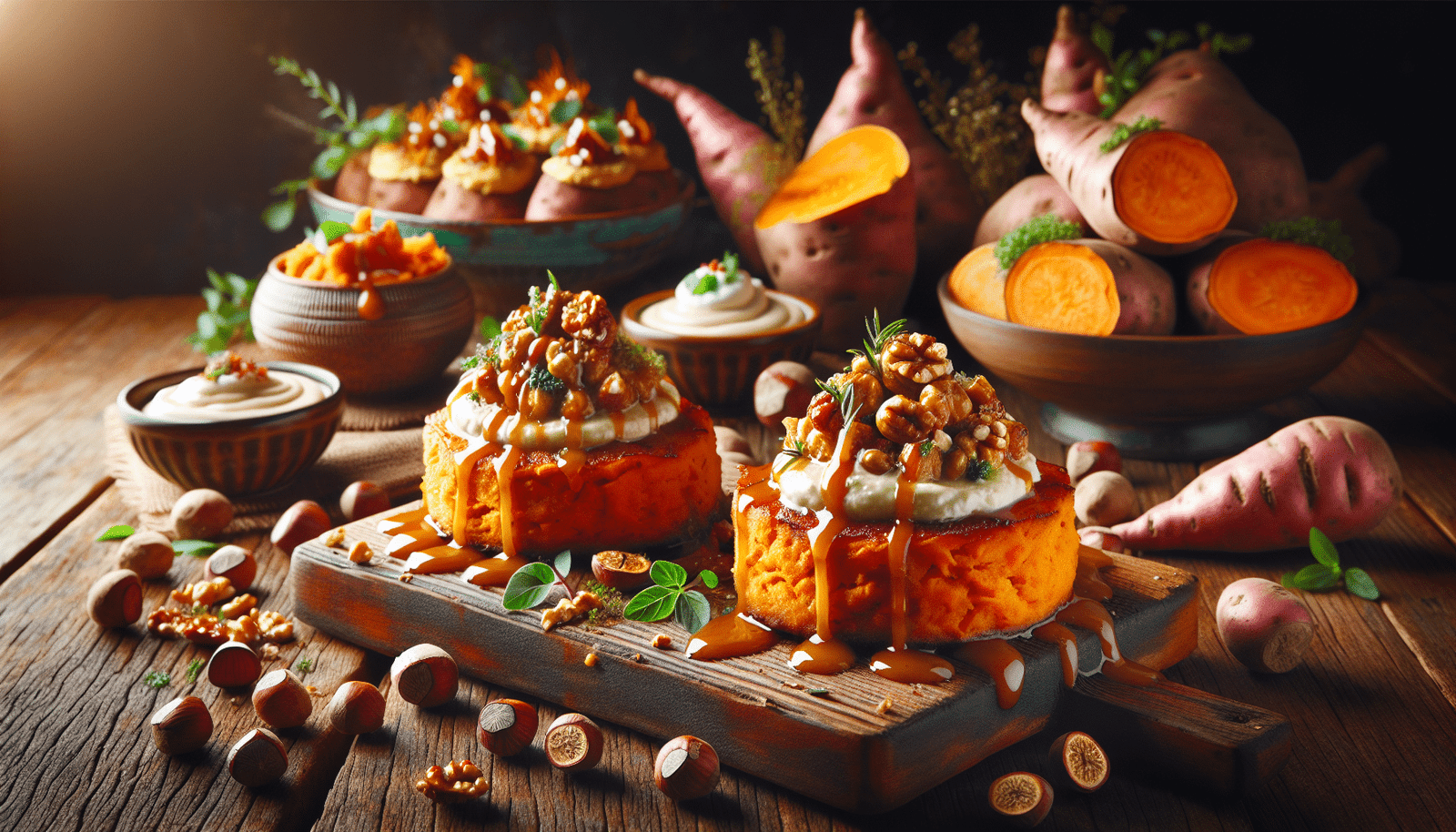 An inviting illustration of sweet potato creations, showcasing a variety of delicious vegetarian recipes.