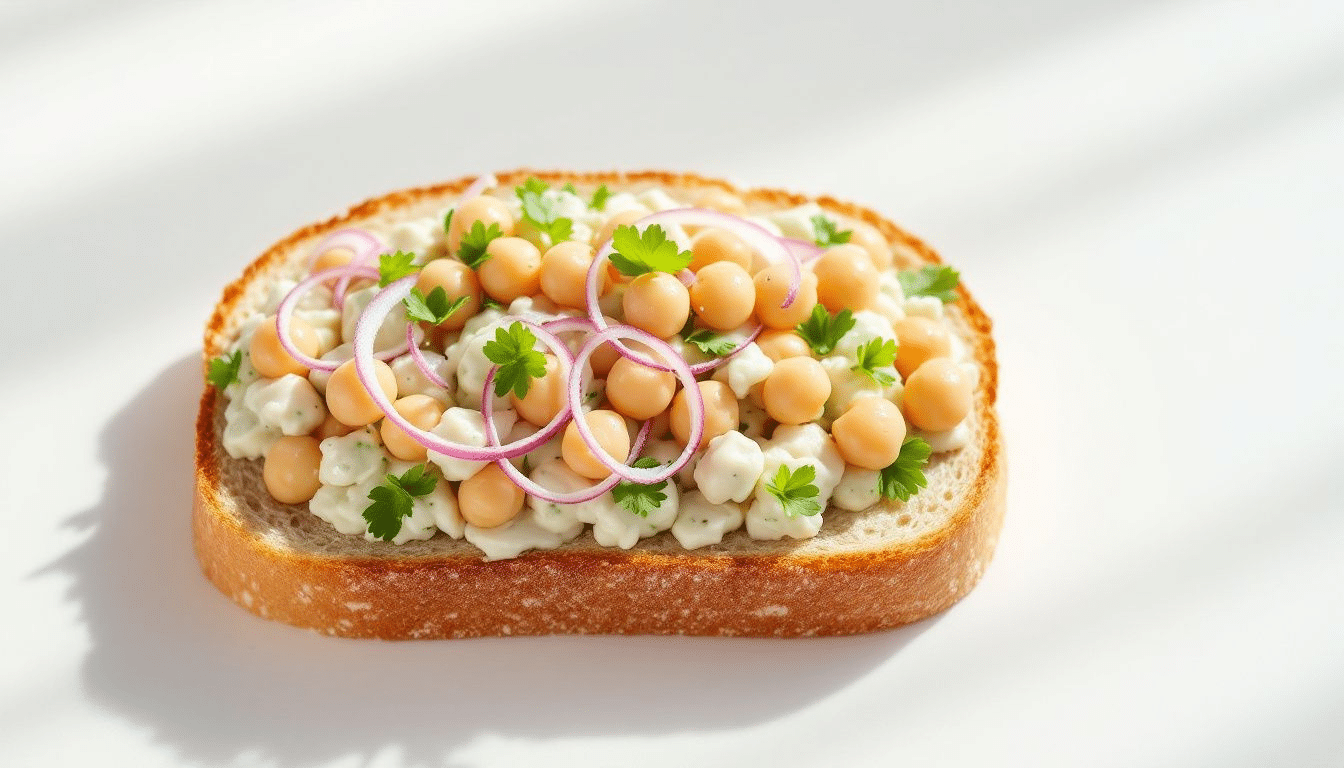 A delicious chickpea salad sandwich on crusty bread.