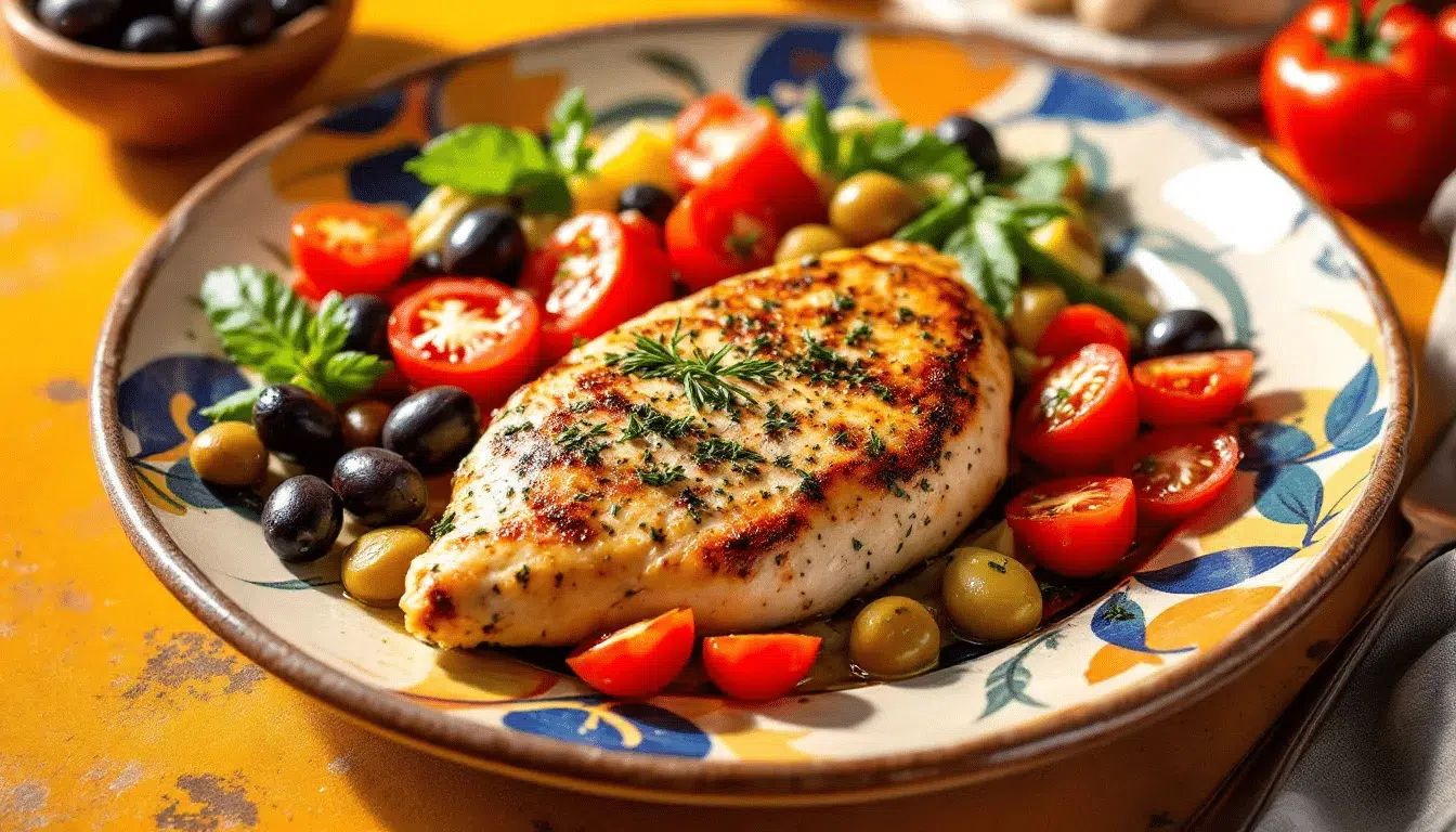 Mediterranean Chicken Recipe | Keto &Amp; Low-Carb 1 A delicious plate of keto Mediterranean chicken with colorful vegetables.