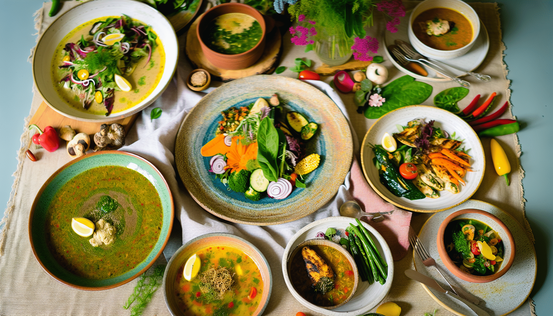 A colorful, nutritious meal spread on a table