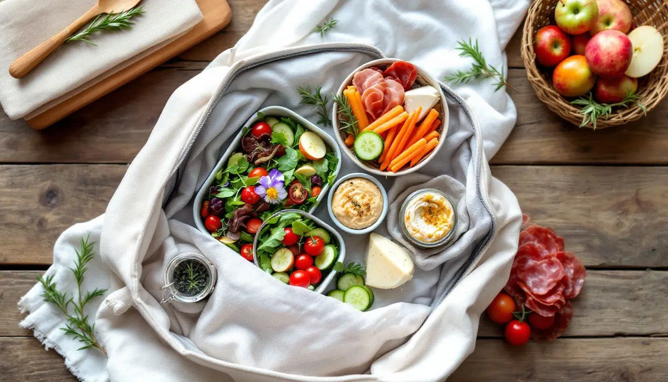 A variety of quick and easy cold lunch ideas displayed in a lunch bag.