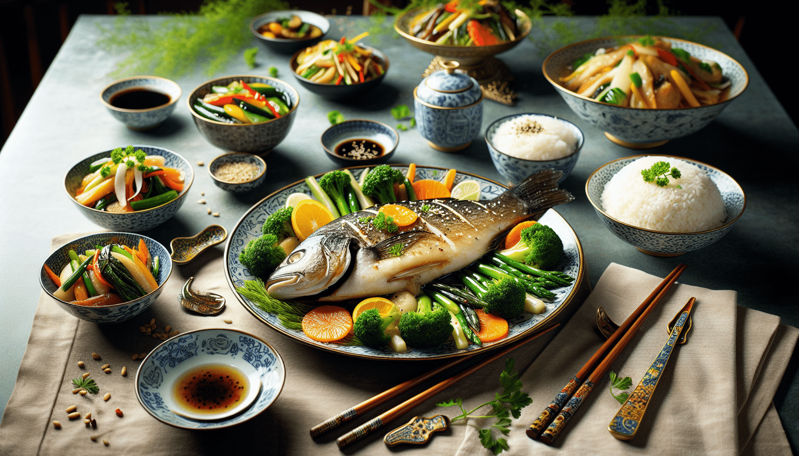 An illustration of diabetes-friendly Chinese dishes, highlighting a balanced meal.