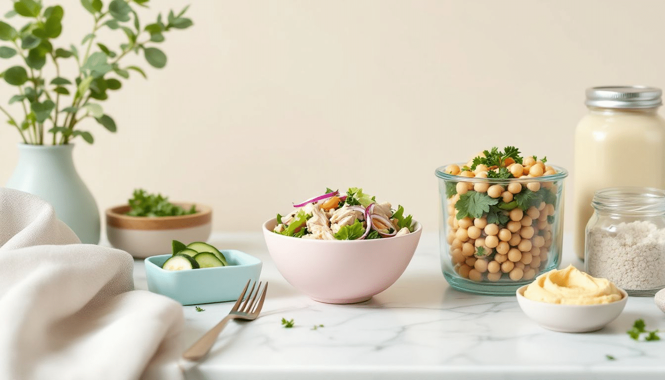 A variety of cold protein lunch ideas including chicken salad and chickpea salad sandwich.