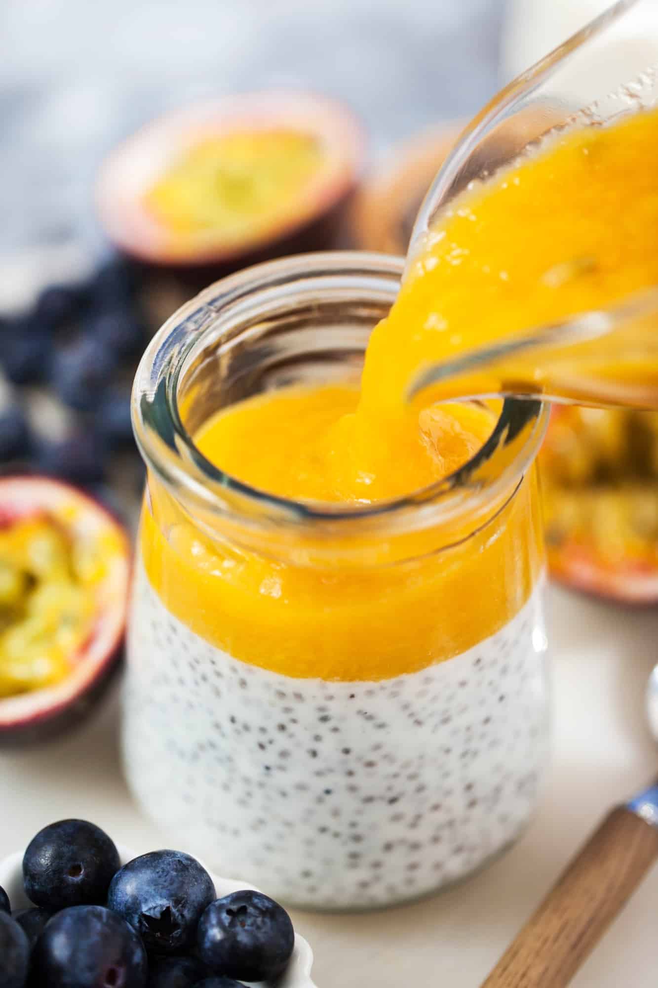 Chia pudding with yogurt, mango and passion fruit, making process