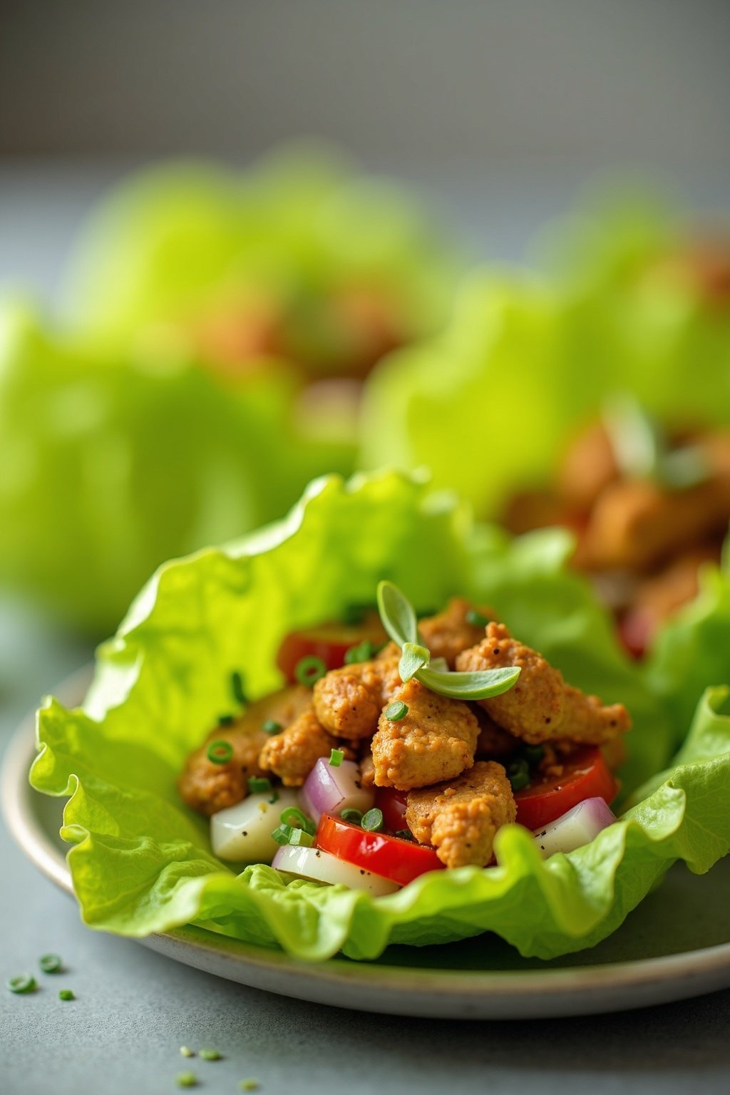 Lettuce wraps filled with chicken and vegetables.