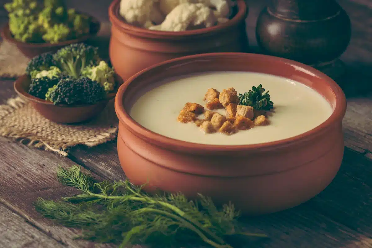 Creamy Cauliflower Soup in a bowl with toasted croutons