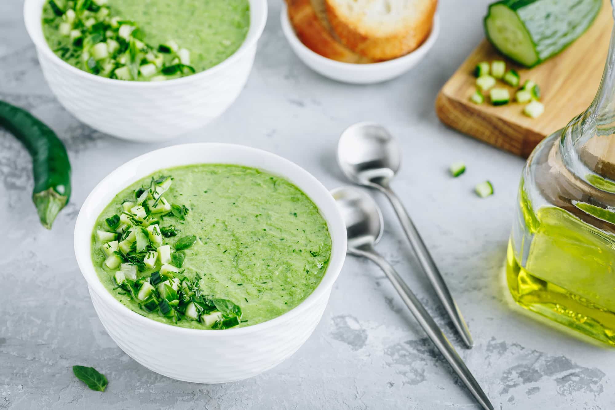 Cucumber Gazpacho. Green fresh cold summer soup.