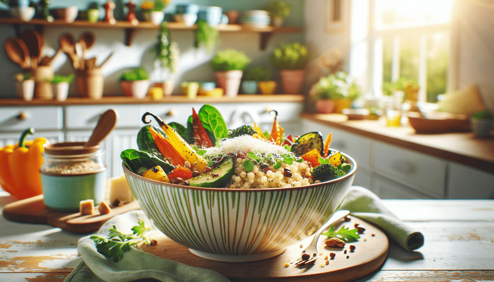 A vibrant illustration of nutritious grain bowls filled with seasonal vegetables.