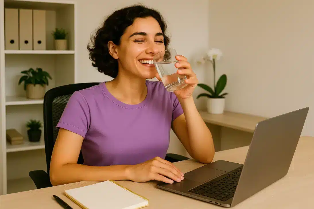 a woman drinking water from a glass