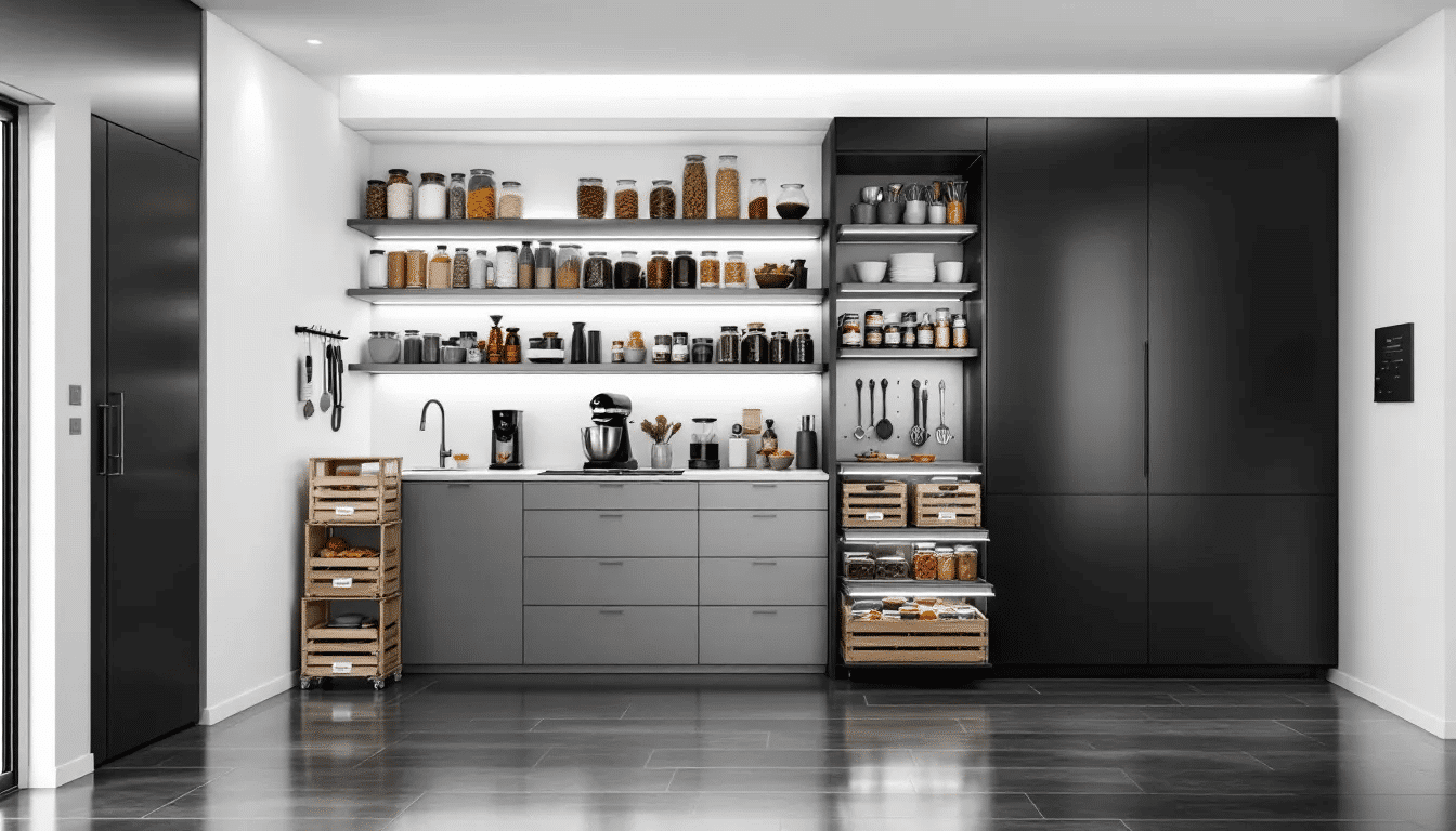 A well-organized pantry showcasing efficient storage solutions.