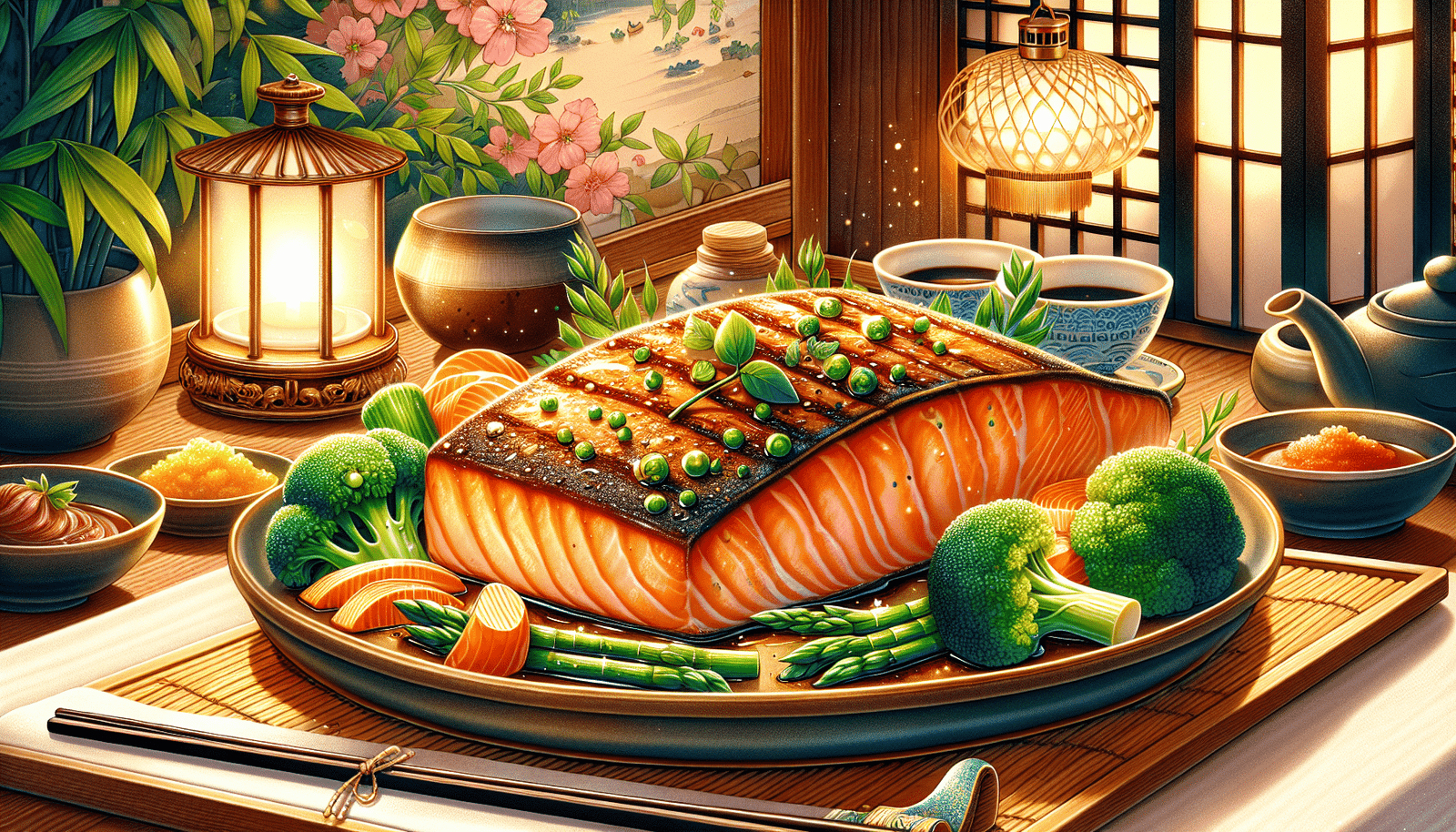 Grilled miso salmon served with a side of steamed vegetables, representing a healthy Japanese dinner option.