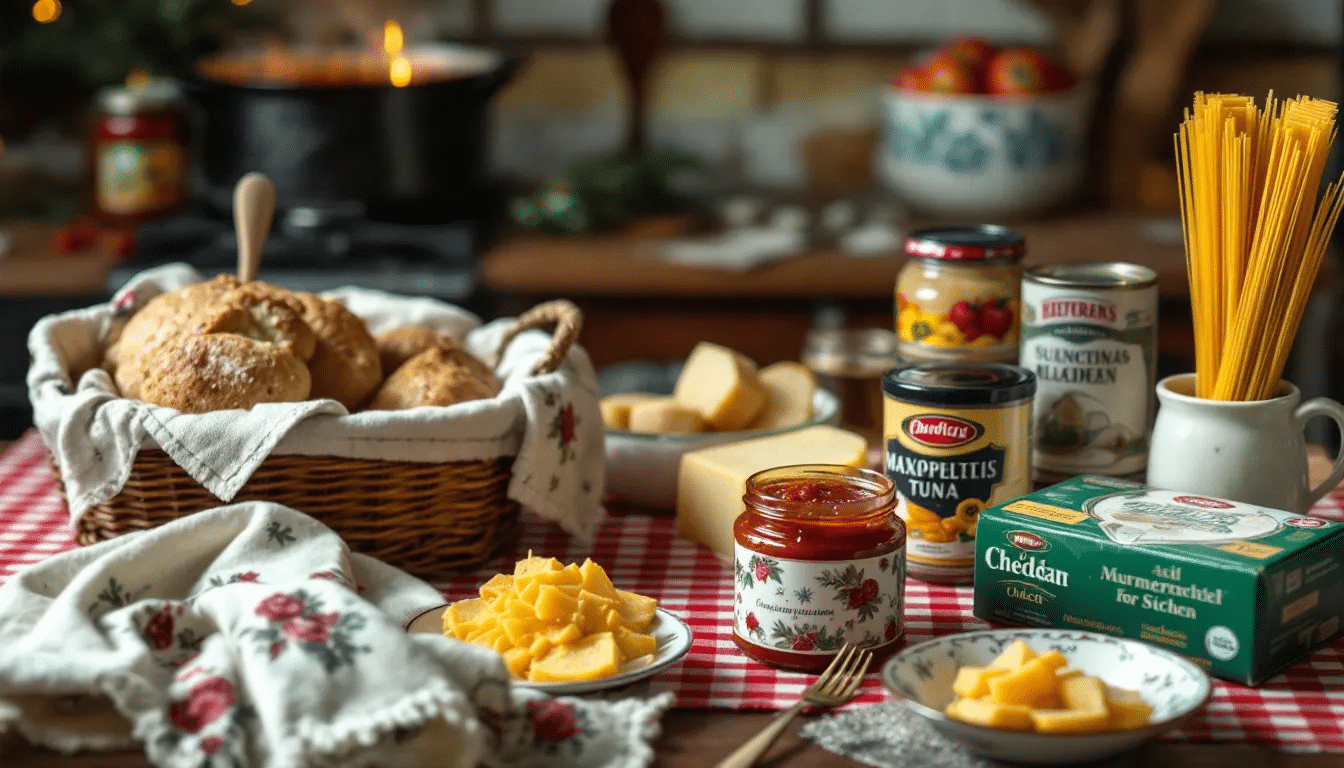 A selection of pantry staples for snow day lunches, including canned goods and pasta.