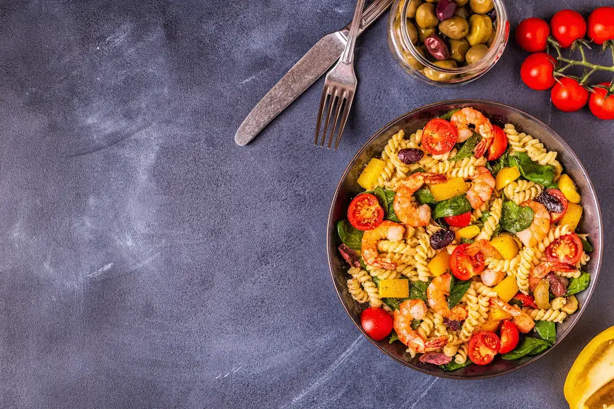 Fusili pasta salad with shrimps.