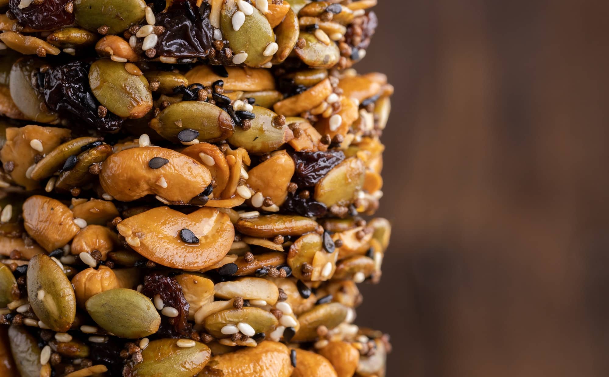 Healthy, sweet dessert snack packed with fibre. Cereal granola bar with nuts