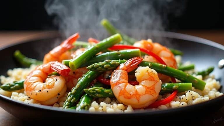 Shrimp and asparagus stir-fry with couscous.