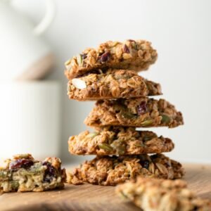 Homemade oatmeal cookies with cranberries and pumpkin seeds. Healthy diet snack.