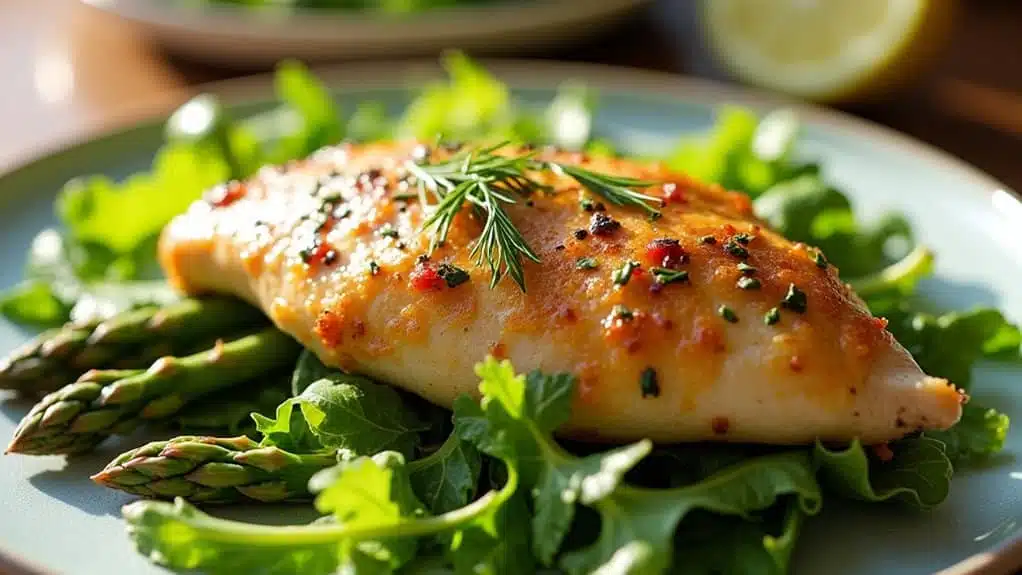 Lemon herb chicken salad with spring mix and asparagus