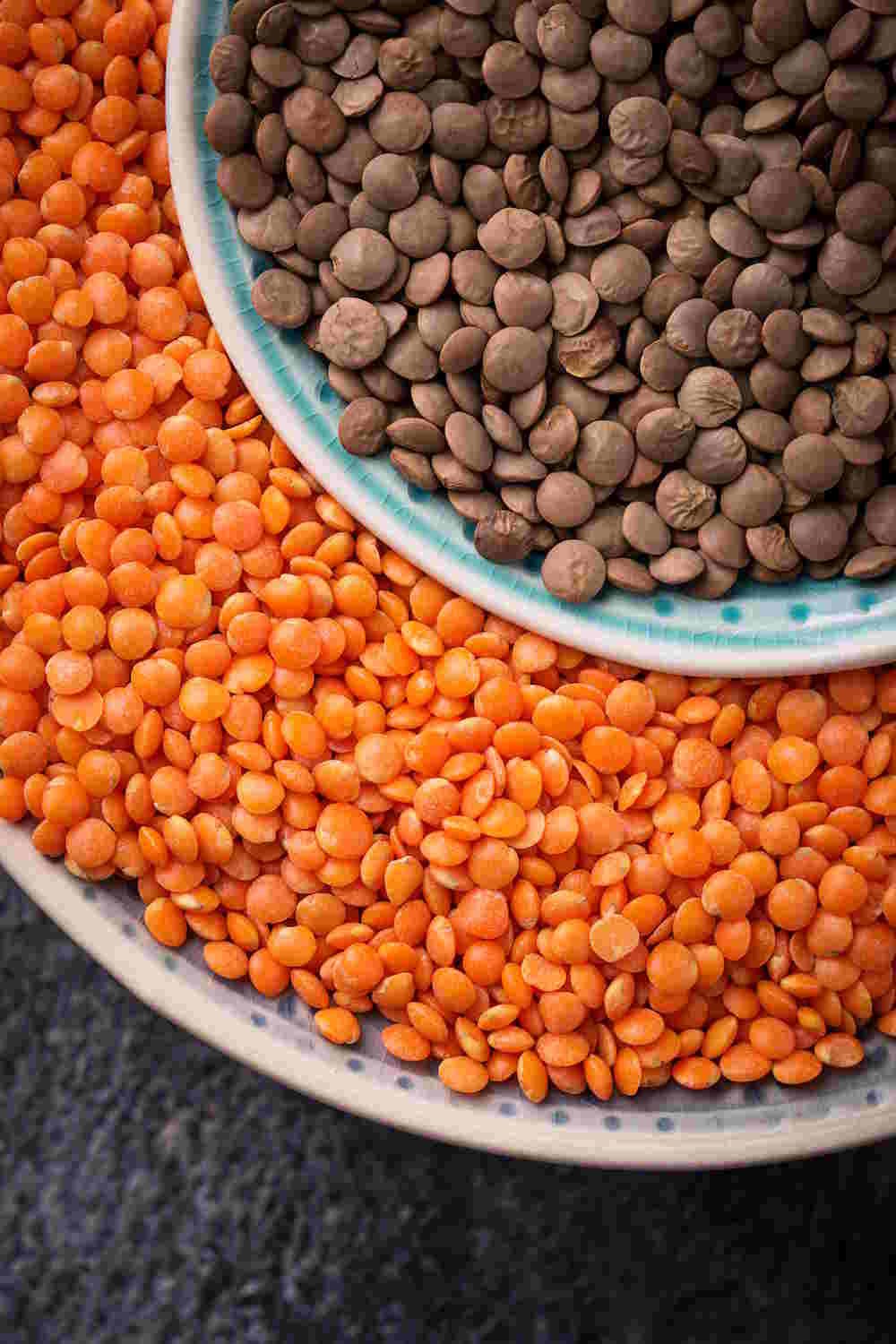 Lentil recipes Assorted lentils in bowls.