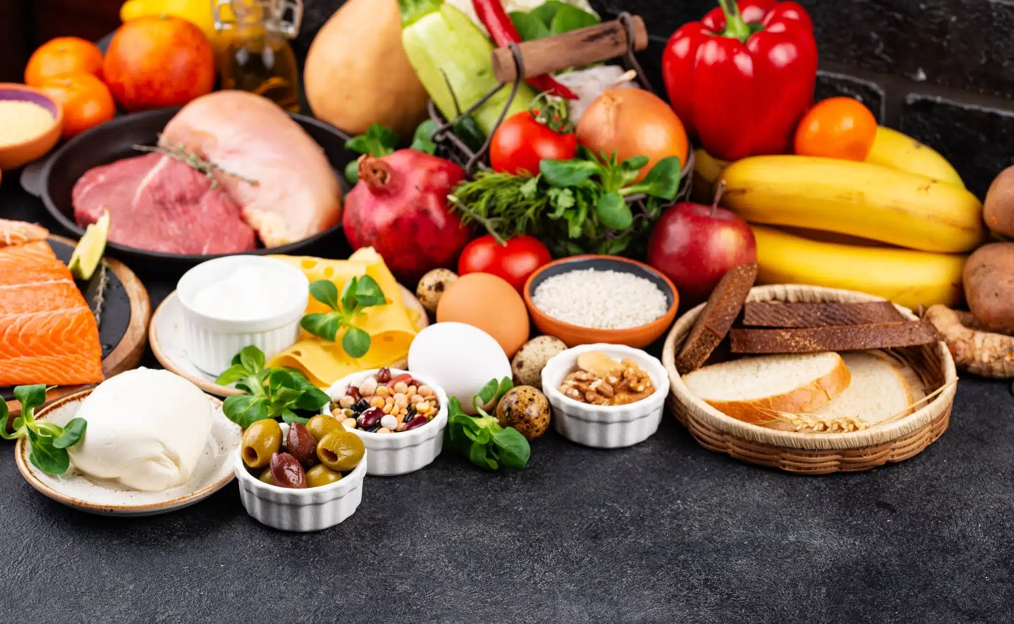 Mediterranean diet healthy balanced food, fresh vegetables, olive oil, whole grains and lean protein