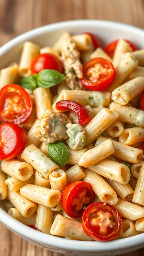 Creamy Pesto And Chicken Pasta Salad 3 mix chicken and vegetables