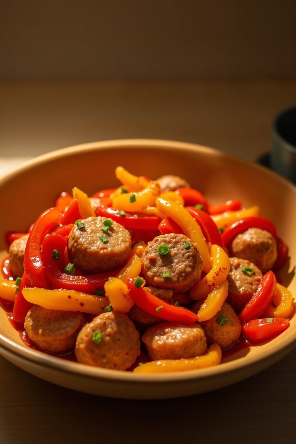 Sausage and peppers in a bowl.