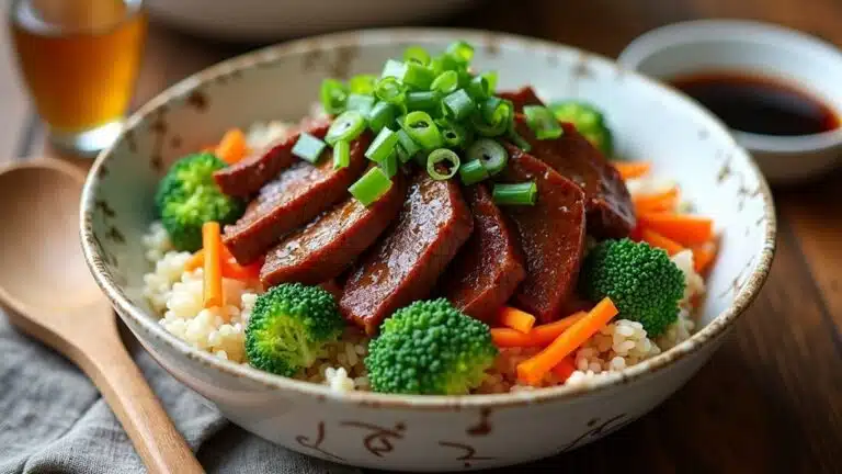 Teriyaki Beef Bowls Beef, rice, broccoli, and carrots.